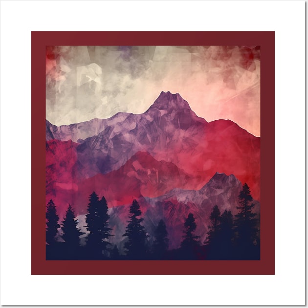 Textured Red and Purple Mountains and Trees Wall Art by The Art Mage